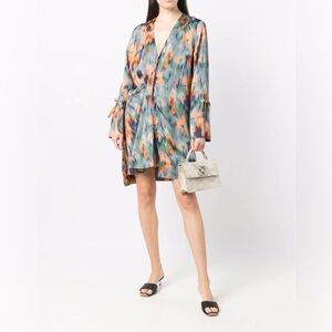 Off-White Abstract Multicolor Patterned Long Sleeve Mini Wrap Dress